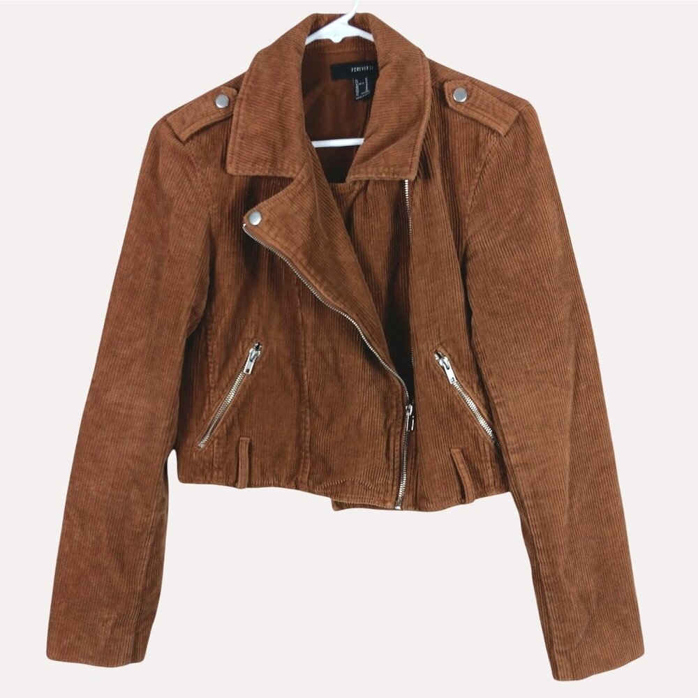 Forever 21 Corduroy Cropped Moto Jacket Womens M Brown Biker 70s Grunge